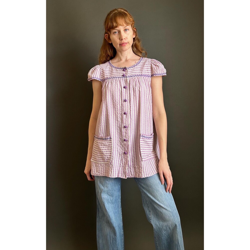 Vintage 1970s Purple Striped Cap Sleeve Smock Top, Button Front Tunic, Medium